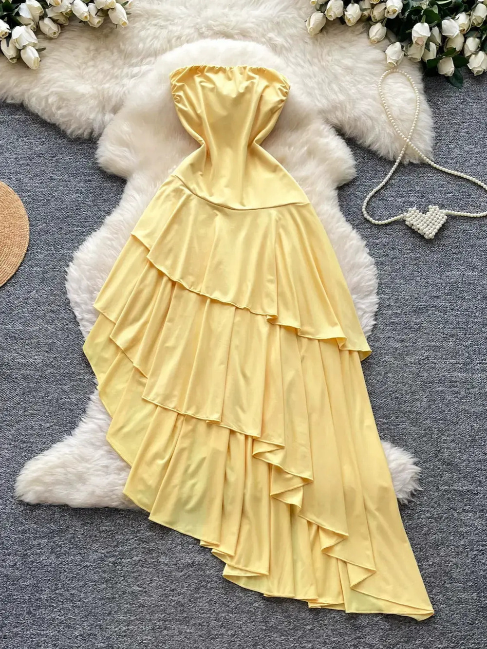 ZARA Yellow Strapless Ruffle Irregular Hem Long Dress